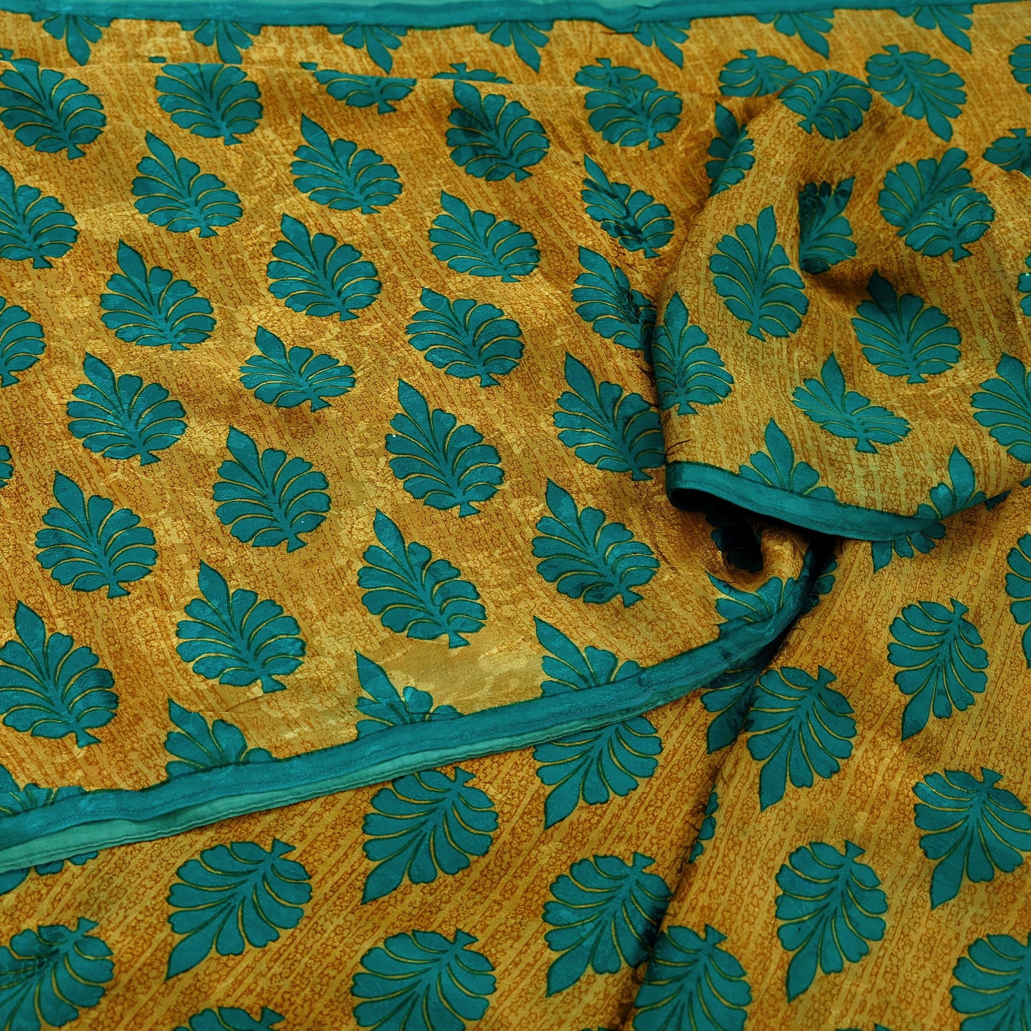 Indian Vintage Sari Green & Saffron Pure Crepe Silk Printed Sarees 5yd Sewing Floral Soft Craft Fabric Wrap Dress Making Crafting Quilting