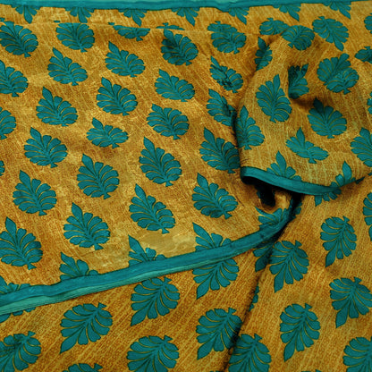 Indian Vintage Sari Green & Saffron Pure Crepe Silk Printed Sarees 5yd Sewing Floral Soft Craft Fabric Wrap Dress Making Crafting Quilting