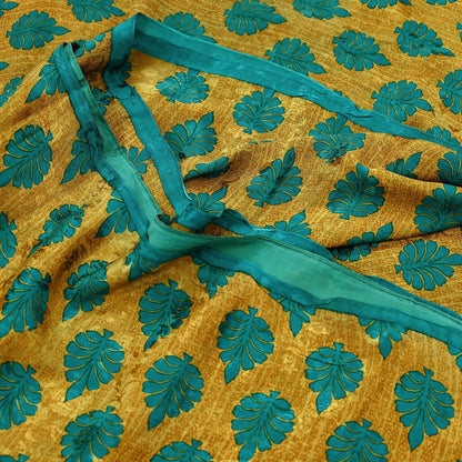 Indian Vintage Sari Green & Saffron Pure Crepe Silk Printed Sarees 5yd Sewing Floral Soft Craft Fabric Wrap Dress Making Crafting Quilting