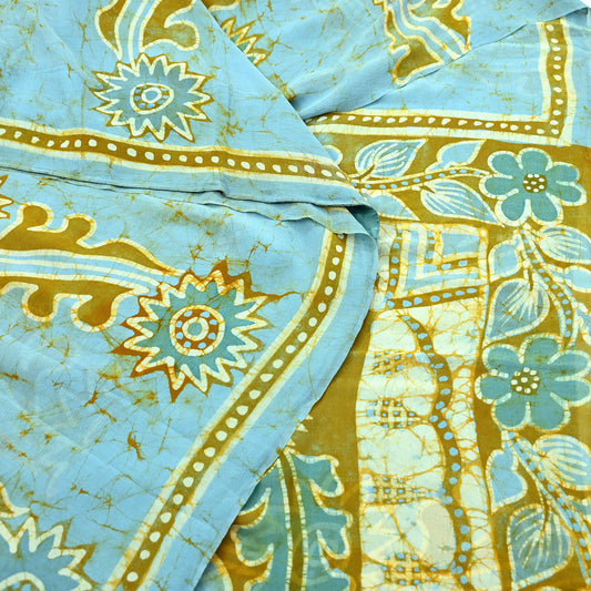 Indian Women Vintage Blue & Green Saree Pure Georgette Silk Batik Printed Sari Sewing 5yard Soft Craft Floral Design Wrap Boho