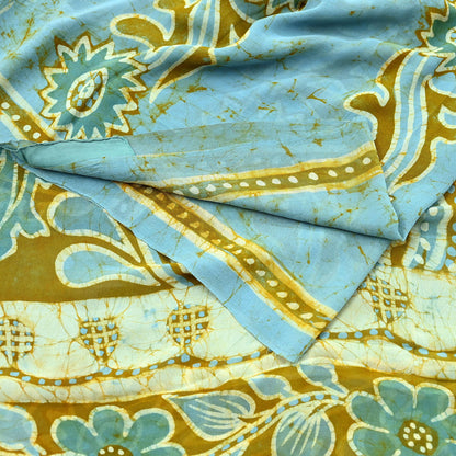 Indian Women Vintage Blue & Green Saree Pure Georgette Silk Batik Printed Sari Sewing 5yard Soft Craft Floral Design Wrap Boho