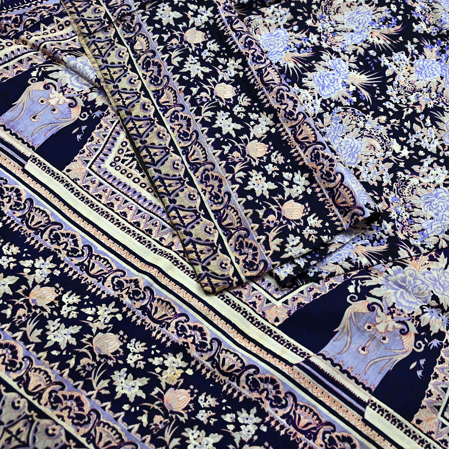 Indian Vintage Sari Blue Pure Silk Printed Sarees 5yd Sewing Craft Fabric Soft Dress Making Wrap Paisley Upcycle Quilting Crafting