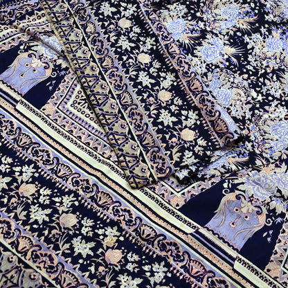 Indian Vintage Sari Blue Pure Silk Printed Sarees 5yd Sewing Craft Fabric Soft Dress Making Wrap Paisley Upcycle Quilting Crafting