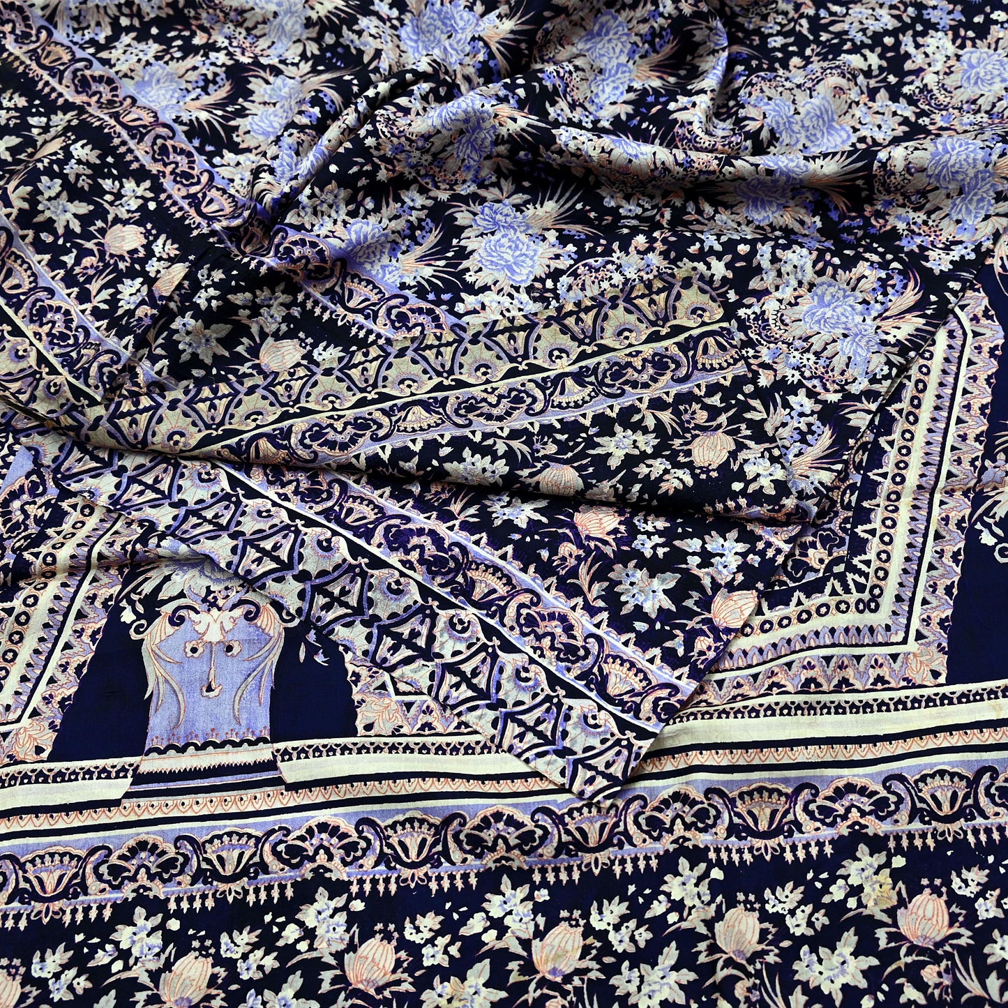 Indian Vintage Sari Blue Pure Silk Printed Sarees 5yd Sewing Craft Fabric Soft Dress Making Wrap Paisley Upcycle Quilting Crafting