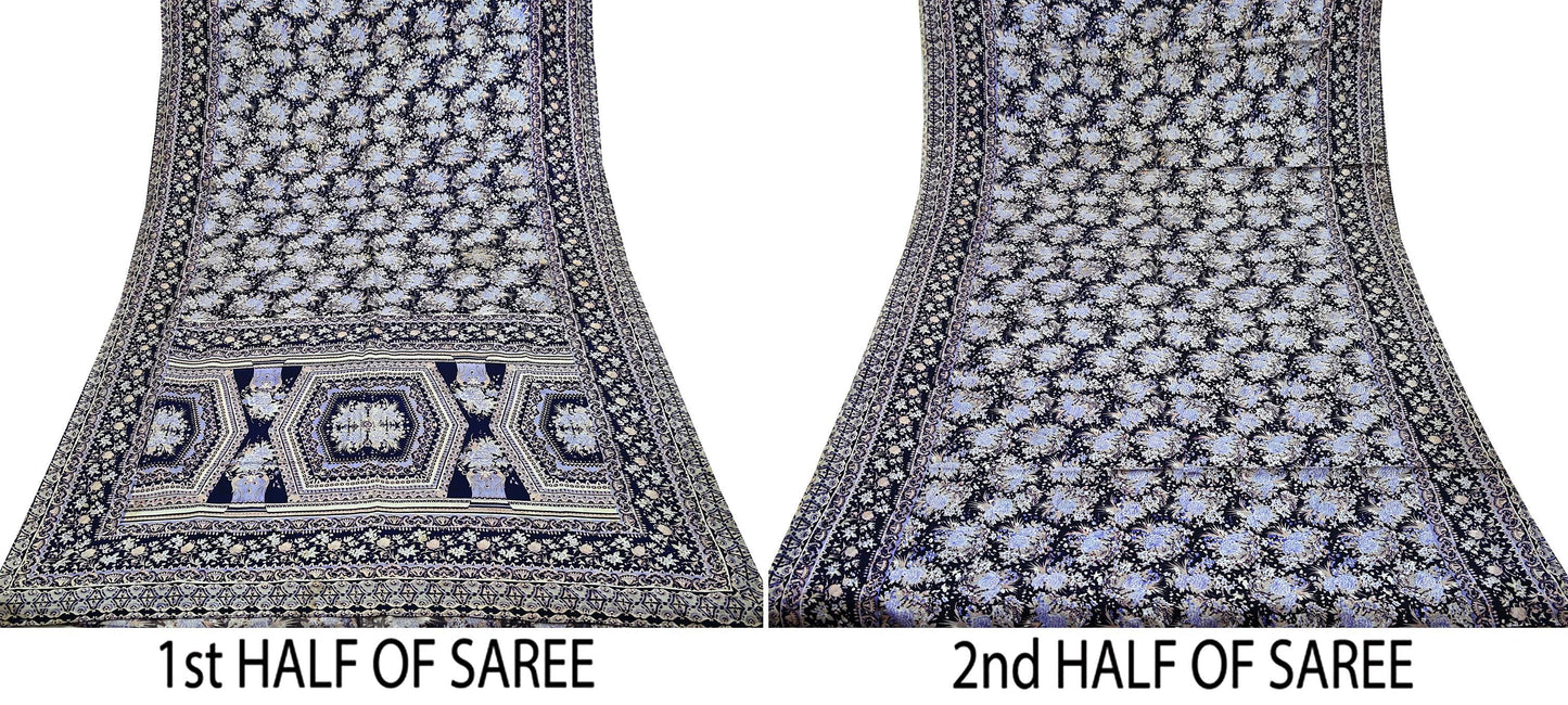 Indian Vintage Sari Blue Pure Silk Printed Sarees 5yd Sewing Craft Fabric Soft Dress Making Wrap Paisley Upcycle Quilting Crafting