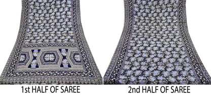 Indian Vintage Sari Blue Pure Silk Printed Sarees 5yd Sewing Craft Fabric Soft Dress Making Wrap Paisley Upcycle Quilting Crafting