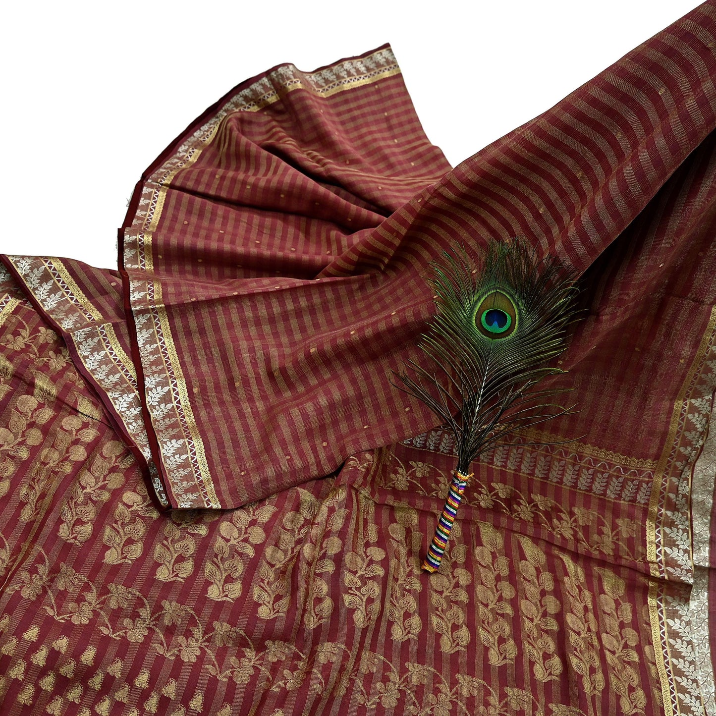 Indian Vintage Sari Brown Hand Woven Sarees 100% Pure Silk Craft Fabric Zari 5Yd Floral Dress making Ethnic Crafting