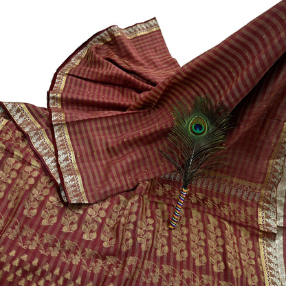 Indian Vintage Sari Brown Hand Woven Sarees 100% Pure Silk Craft Fabric Zari 5Yd Floral Dress making Ethnic Crafting
