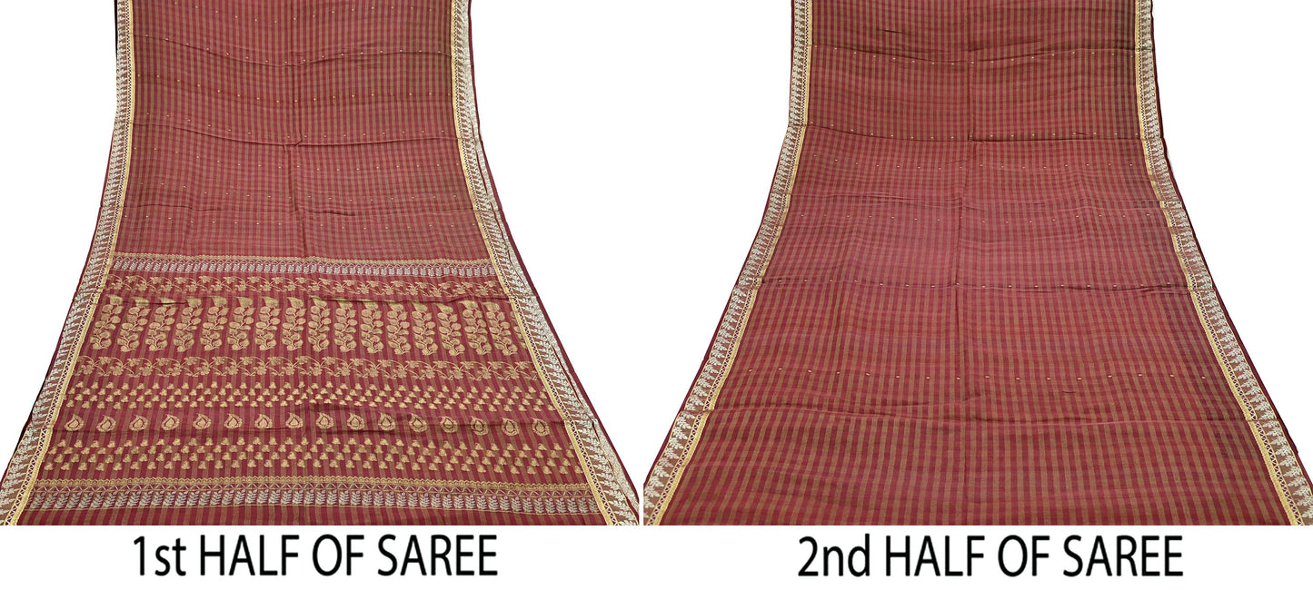 Indian Vintage Sari Brown Hand Woven Sarees 100% Pure Silk Craft Fabric Zari 5Yd Floral Dress making Ethnic Crafting
