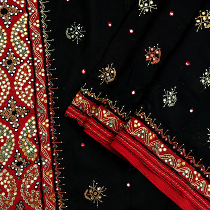 Indian Vintage Dupatta Black & Red Pure Georgette silk Long Stole Hand Embroidered Scarves Stole Veil Wrap Sequins