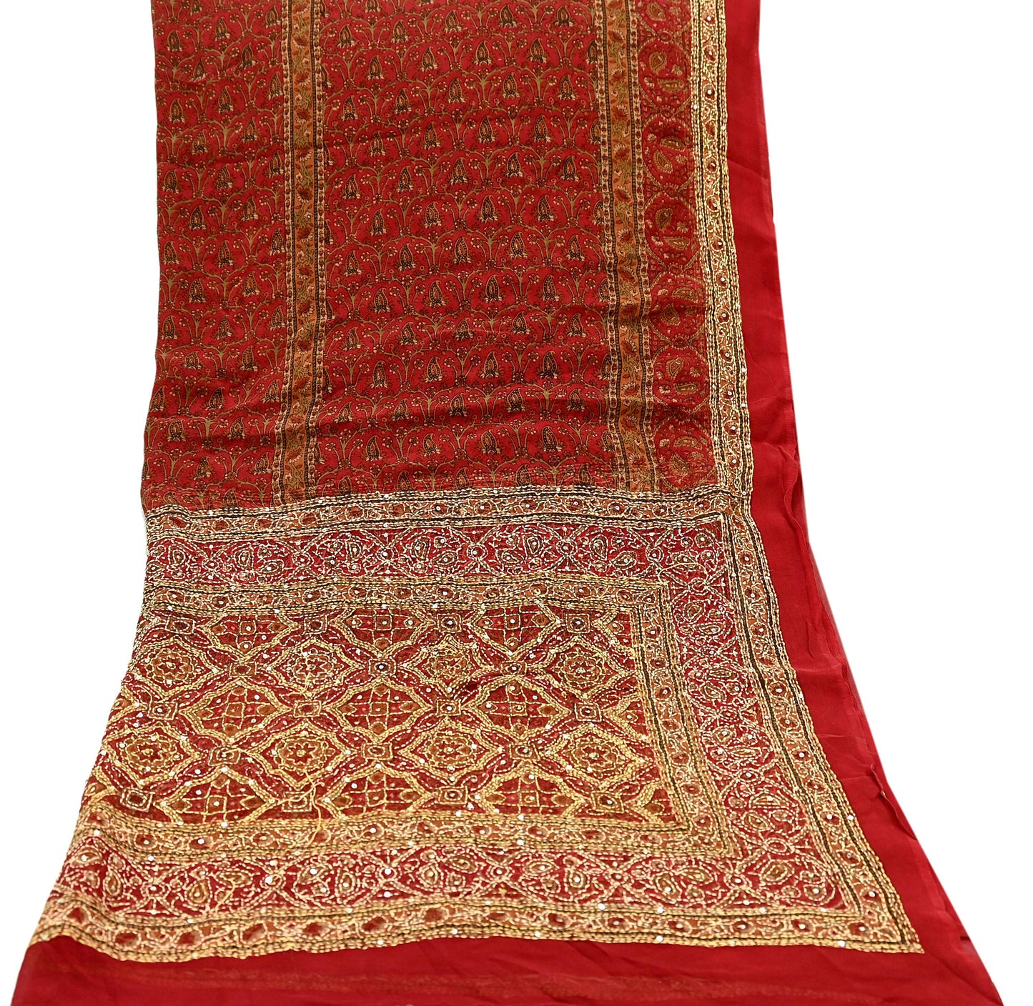 Indian Vintage Dupatta Red Long Stole Hand Embroidered kantha stole Pure Georgette Silk Indian Scarves Veil Wrap Soft Floral