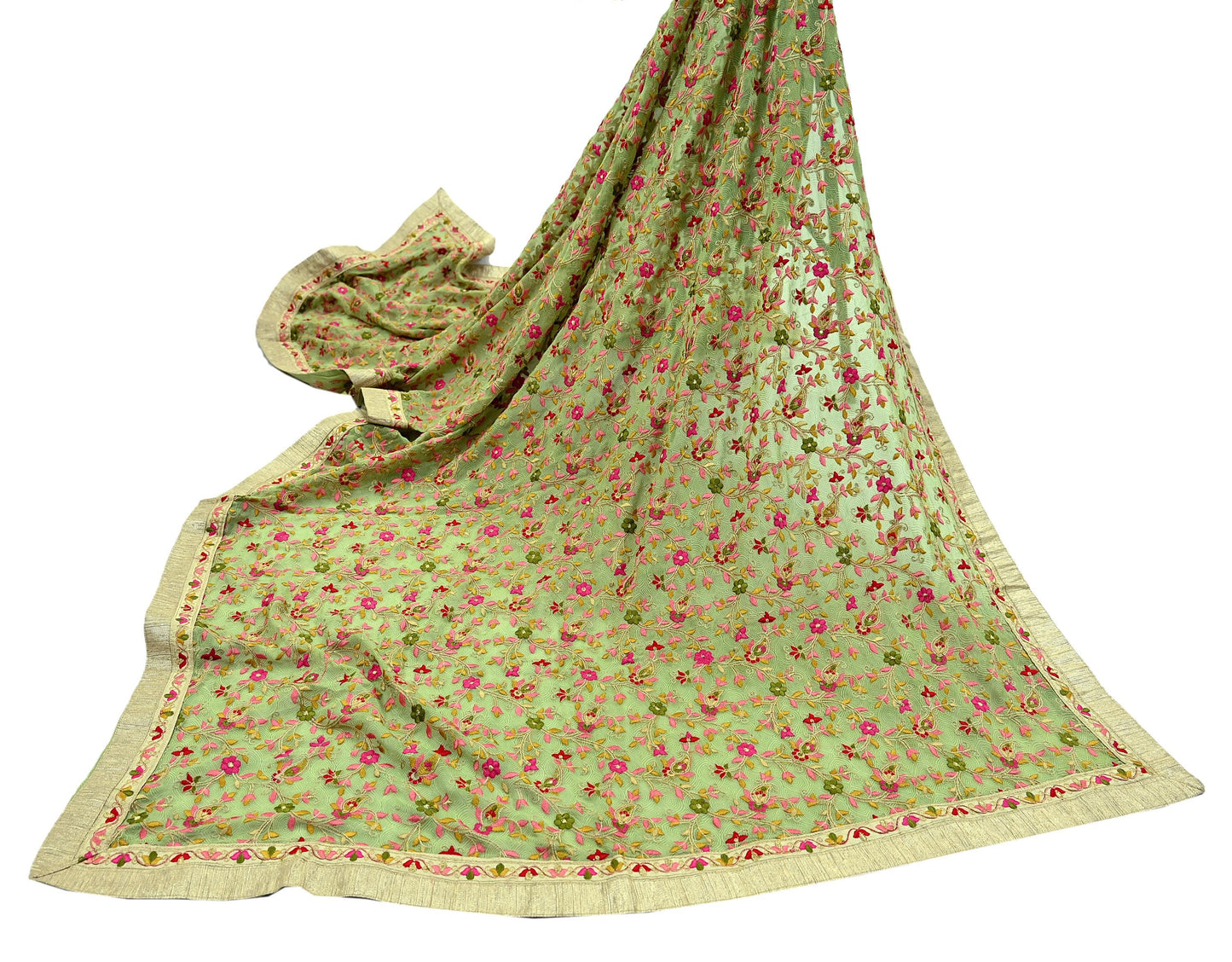 Indian Vintage Dupatta Green Pure Georgette silk Long Stole Embroidered Scarves Stole Veil Wrap Zari