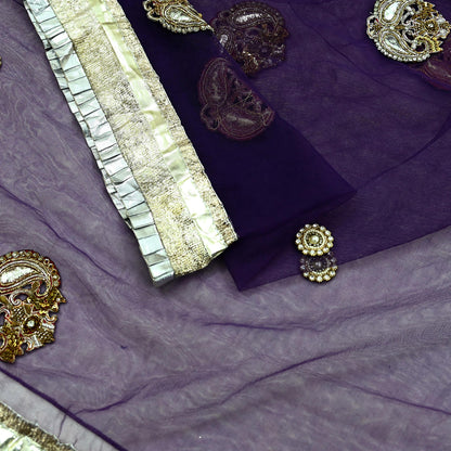 Indian Vintage Heavy Sari Purple Net/Mesh Embroidered Sarees Fabric 6Yd Sewing Soft Golden Border Bridal/wedding Saris