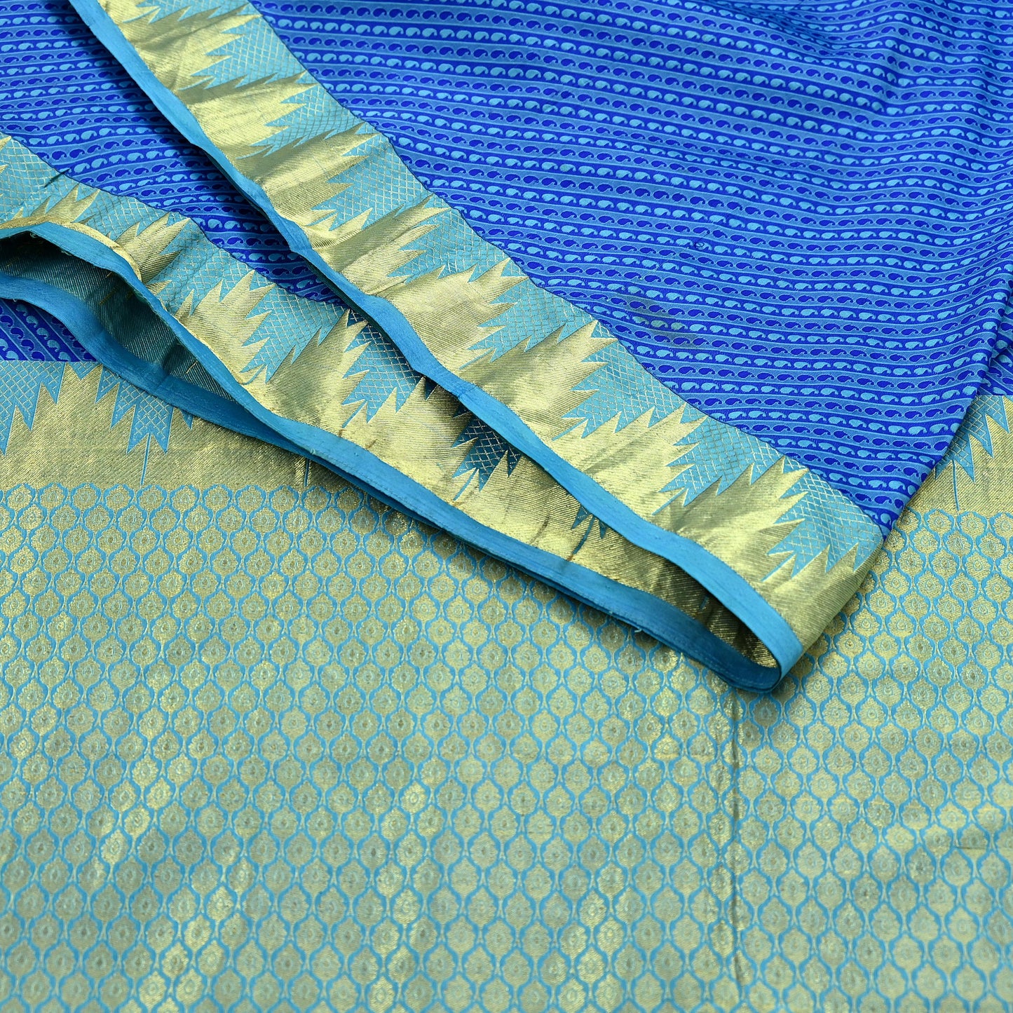 Indian Vintage Heavy Blue Kanjivaram Saree 100% Pure Silk Sari Metallic Golden Zari 5Yd Floral Crafting Dress making