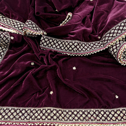 Indian Vintage Heavy Wedding Wine Dupatta Velvet Long Stole Hand Embroidered Scarves Zari Hijab Veil Wrap