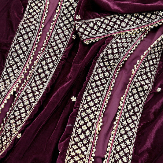 Indian Vintage Heavy Wedding Wine Dupatta Velvet Long Stole Hand Embroidered Scarves Zari Hijab Veil Wrap