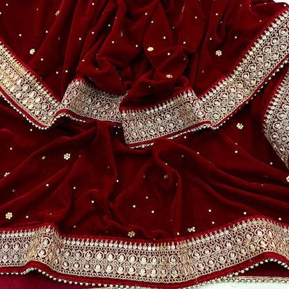 Indian Vintage Heavy Wedding Maroon Dupatta Velvet Long Stole Hand Embroidered Scarves Zari Hijab Veil Wrap