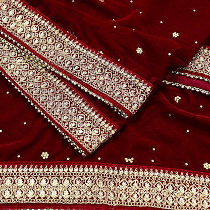 Indian Vintage Heavy Wedding Maroon Dupatta Velvet Long Stole Hand Embroidered Scarves Zari Hijab Veil Wrap