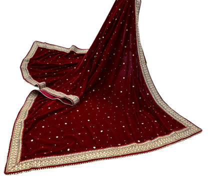 Indian Vintage Heavy Wedding Maroon Dupatta Velvet Long Stole Hand Embroidered Scarves Zari Hijab Veil Wrap