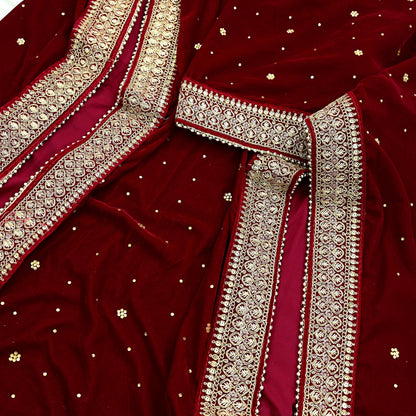 Indian Vintage Heavy Wedding Maroon Dupatta Velvet Long Stole Hand Embroidered Scarves Zari Hijab Veil Wrap