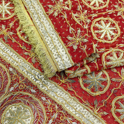 Indian Vintage Heavy Bridal Red Dupatta Pure Chiffon Silk Long Stole Hand Embroidered Scarf Zardozi/Dabka Zari Sequins Wedding Veil Hijab