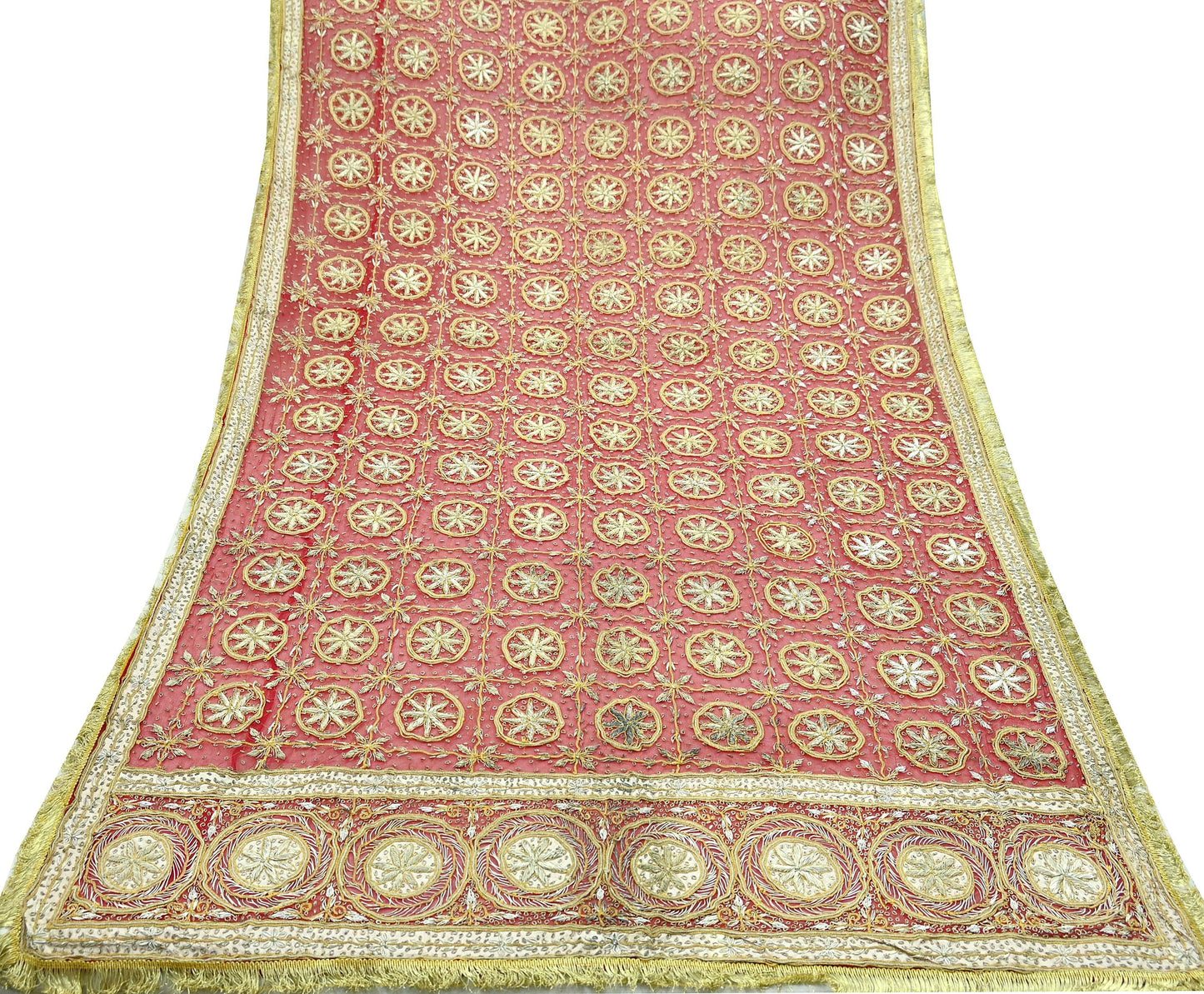 Indian Vintage Heavy Bridal Red Dupatta Pure Chiffon Silk Long Stole Hand Embroidered Scarf Zardozi/Dabka Zari Sequins Wedding Veil Hijab