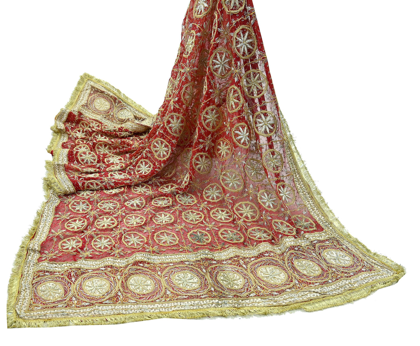 Indian Vintage Heavy Bridal Red Dupatta Pure Chiffon Silk Long Stole Hand Embroidered Scarf Zardozi/Dabka Zari Sequins Wedding Veil Hijab