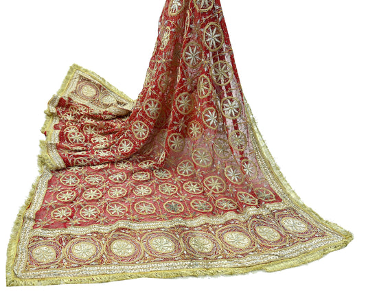 Indian Vintage Heavy Bridal Red Dupatta Pure Chiffon Silk Long Stole Hand Embroidered Scarf Zardozi/Dabka Zari Sequins Wedding Veil Hijab