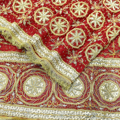 Indian Vintage Heavy Bridal Red Dupatta Pure Chiffon Silk Long Stole Hand Embroidered Scarf Zardozi/Dabka Zari Sequins Wedding Veil Hijab