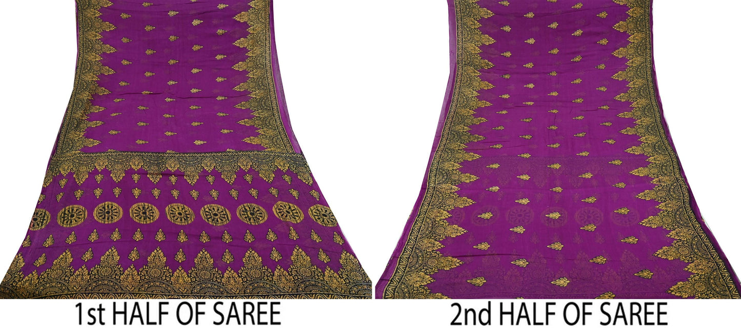 Indian Vintage Purple Saree Printed Pure Cotton Sari Craft Fabric 5Yd Soft Sewing Sarong Wrap Boho Floral Dress making Crafting Used