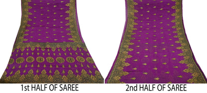Indian Vintage Purple Saree Printed Pure Cotton Sari Craft Fabric 5Yd Soft Sewing Sarong Wrap Boho Floral Dress making Crafting Used
