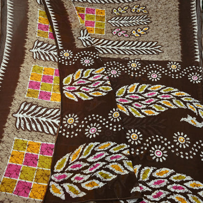 Indian Vintage Sari Brown Batik Printed 100% Pure Cotton Saree Craft Fabric 5Yd Soft Sewing Sarong Wrap Boho Dress making Crafting