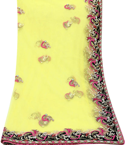 Indian Vintage Heavy Yellow Dupatta Net Mesh Long Stole Hand Embroidered Scarves Golden Zardozi Dabka Zari Stole