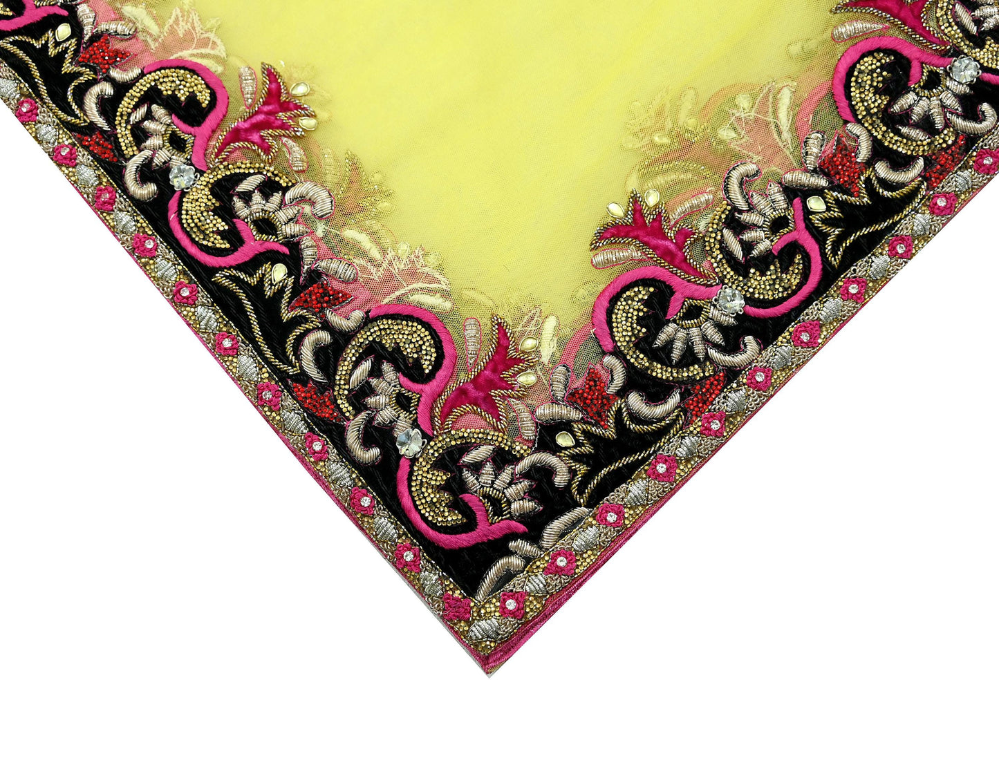 Indian Vintage Heavy Yellow Dupatta Net Mesh Long Stole Hand Embroidered Scarves Golden Zardozi Dabka Zari Stole