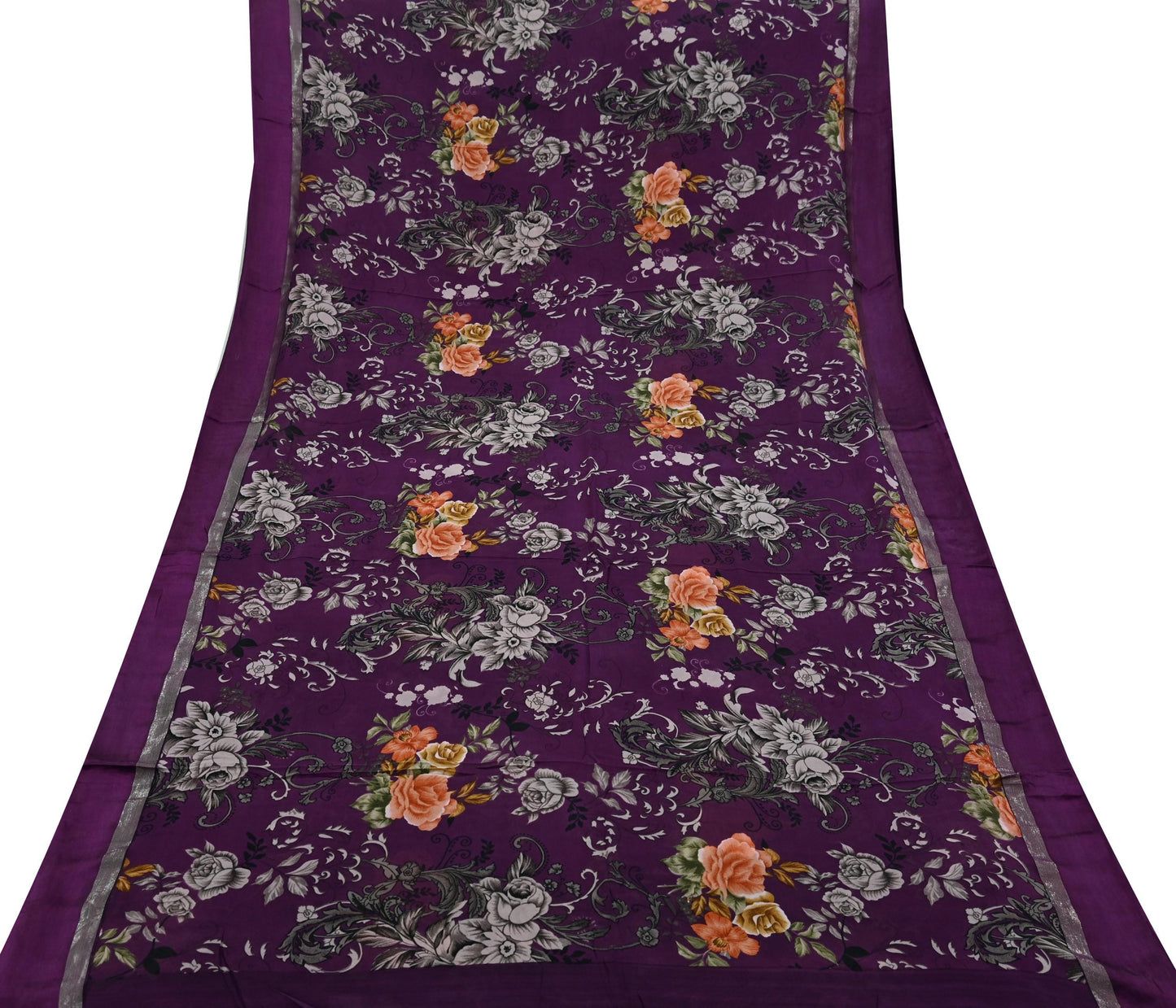 Indian Vintage Purple Saree Pure Crepe Silk Printed Sari Craft Fabric 5yd Sewing Floral Soft Wrap Dress making Crafting
