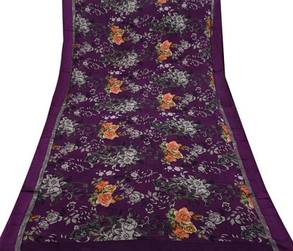 Indian Vintage Purple Saree Pure Crepe Silk Printed Sari Craft Fabric 5yd Sewing Floral Soft Wrap Dress making Crafting