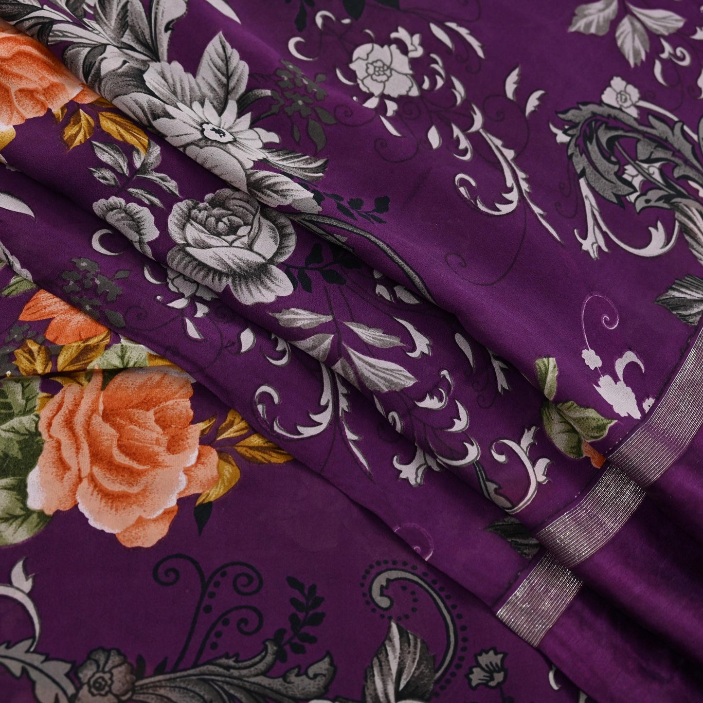 Indian Vintage Purple Saree Pure Crepe Silk Printed Sari Craft Fabric 5yd Sewing Floral Soft Wrap Dress making Crafting