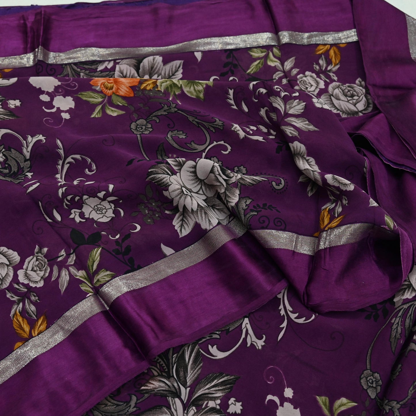 Indian Vintage Purple Saree Pure Crepe Silk Printed Sari Craft Fabric 5yd Sewing Floral Soft Wrap Dress making Crafting