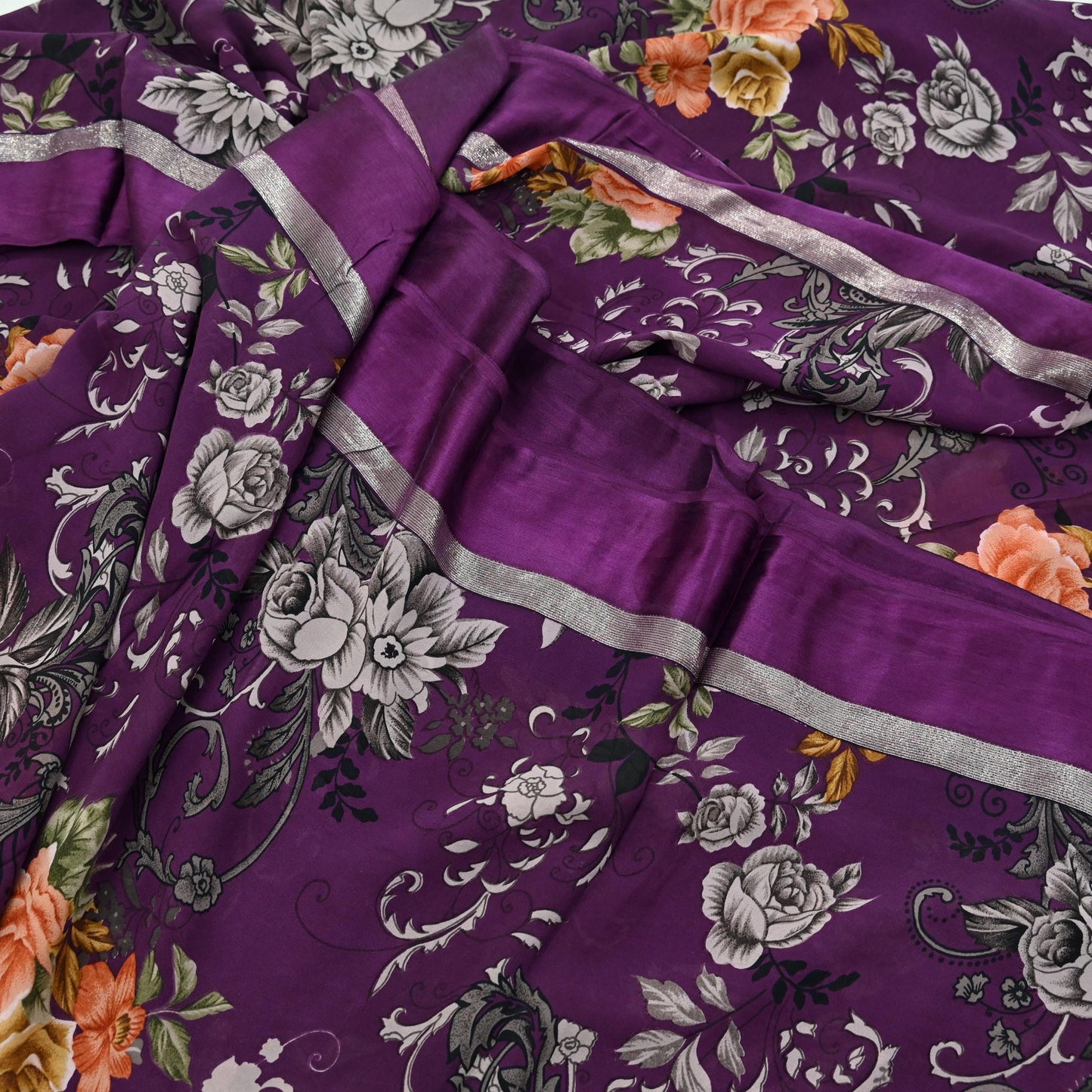 Indian Vintage Purple Saree Pure Crepe Silk Printed Sari Craft Fabric 5yd Sewing Floral Soft Wrap Dress making Crafting
