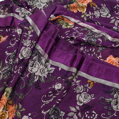 Indian Vintage Purple Saree Pure Crepe Silk Printed Sari Craft Fabric 5yd Sewing Floral Soft Wrap Dress making Crafting