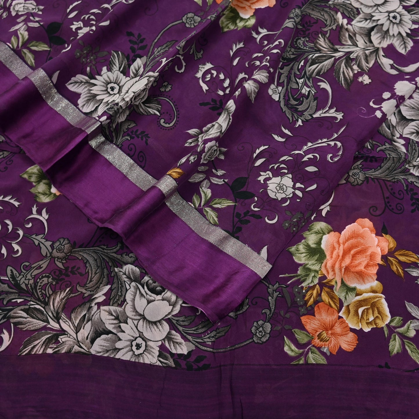 Indian Vintage Purple Saree Pure Crepe Silk Printed Sari Craft Fabric 5yd Sewing Floral Soft Wrap Dress making Crafting