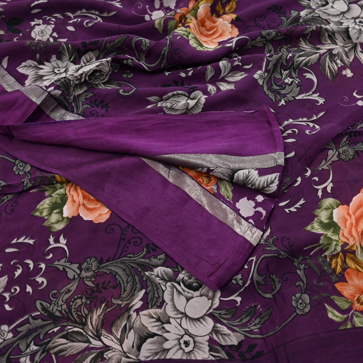 Indian Vintage Purple Saree Pure Crepe Silk Printed Sari Craft Fabric 5yd Sewing Floral Soft Wrap Dress making Crafting