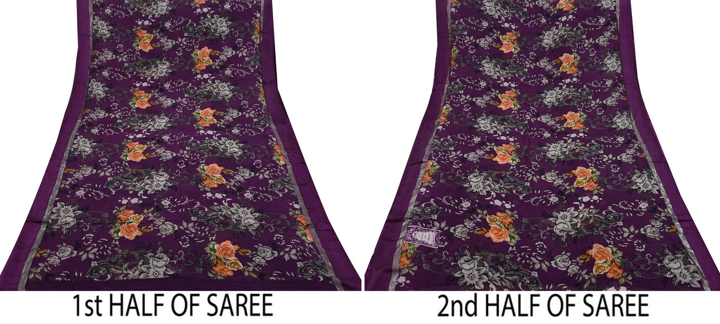 Indian Vintage Purple Saree Pure Crepe Silk Printed Sari Craft Fabric 5yd Sewing Floral Soft Wrap Dress making Crafting