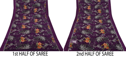 Indian Vintage Purple Saree Pure Crepe Silk Printed Sari Craft Fabric 5yd Sewing Floral Soft Wrap Dress making Crafting