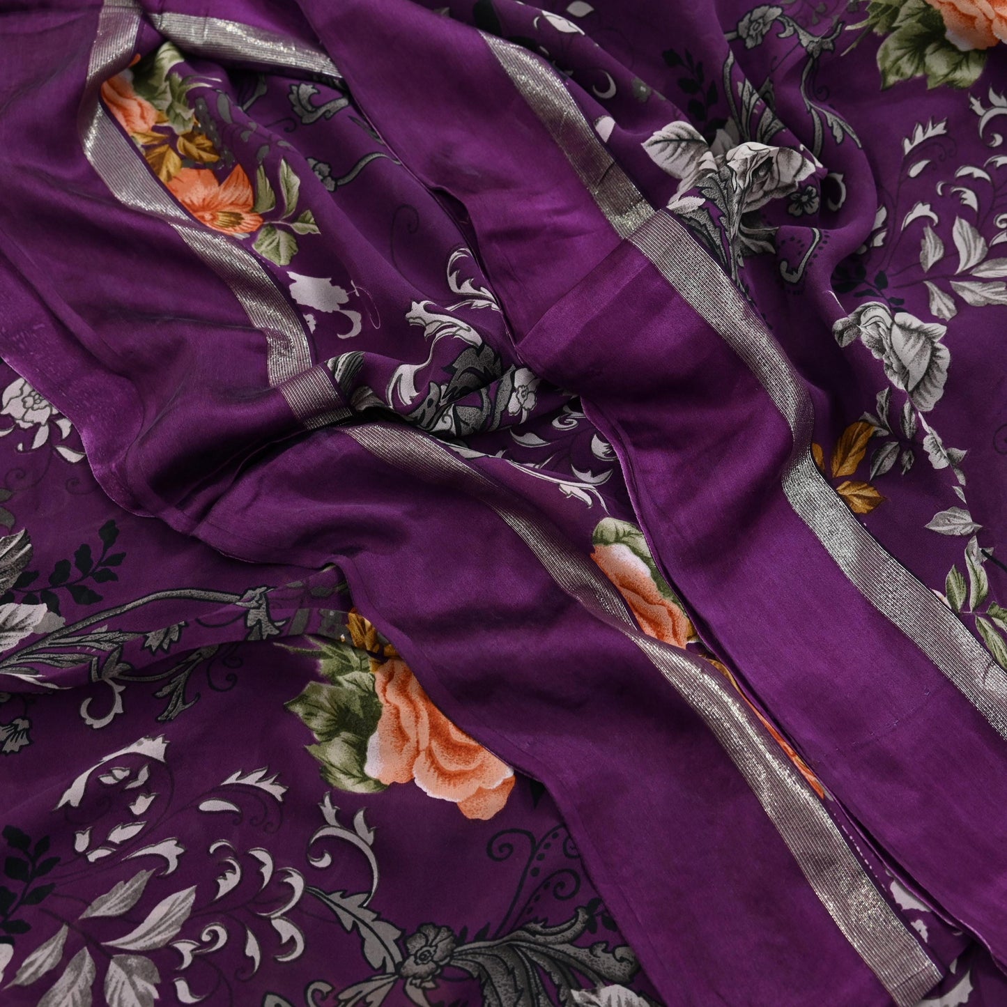 Indian Vintage Purple Saree Pure Crepe Silk Printed Sari Craft Fabric 5yd Sewing Floral Soft Wrap Dress making Crafting