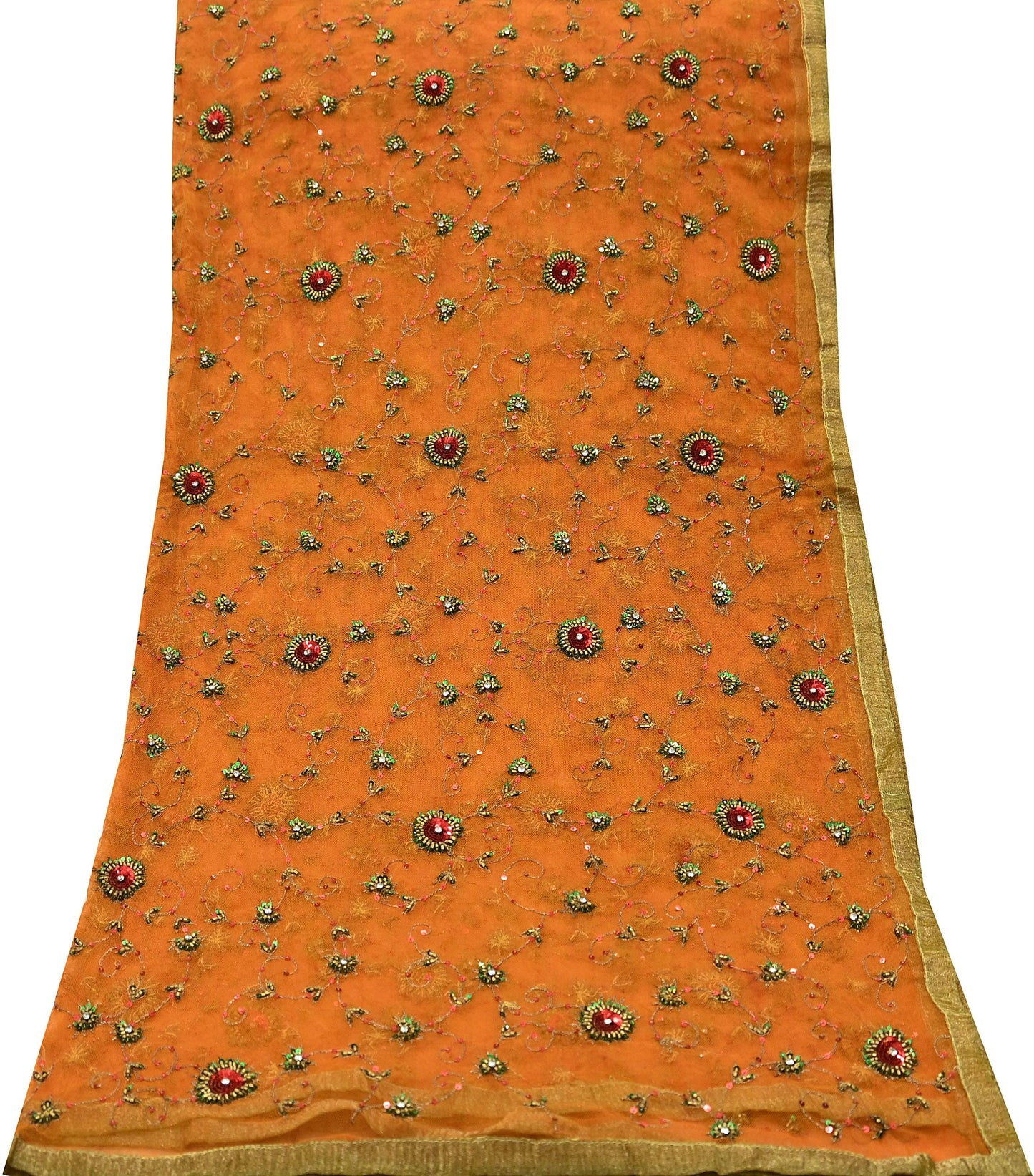 Indian Vintage Heavy Orange Dupatta Net Mesh Long Stole Hand Embroidered Scarves Glass Beaded Golden Sequins Wedding/ Bridal Veil Hijab