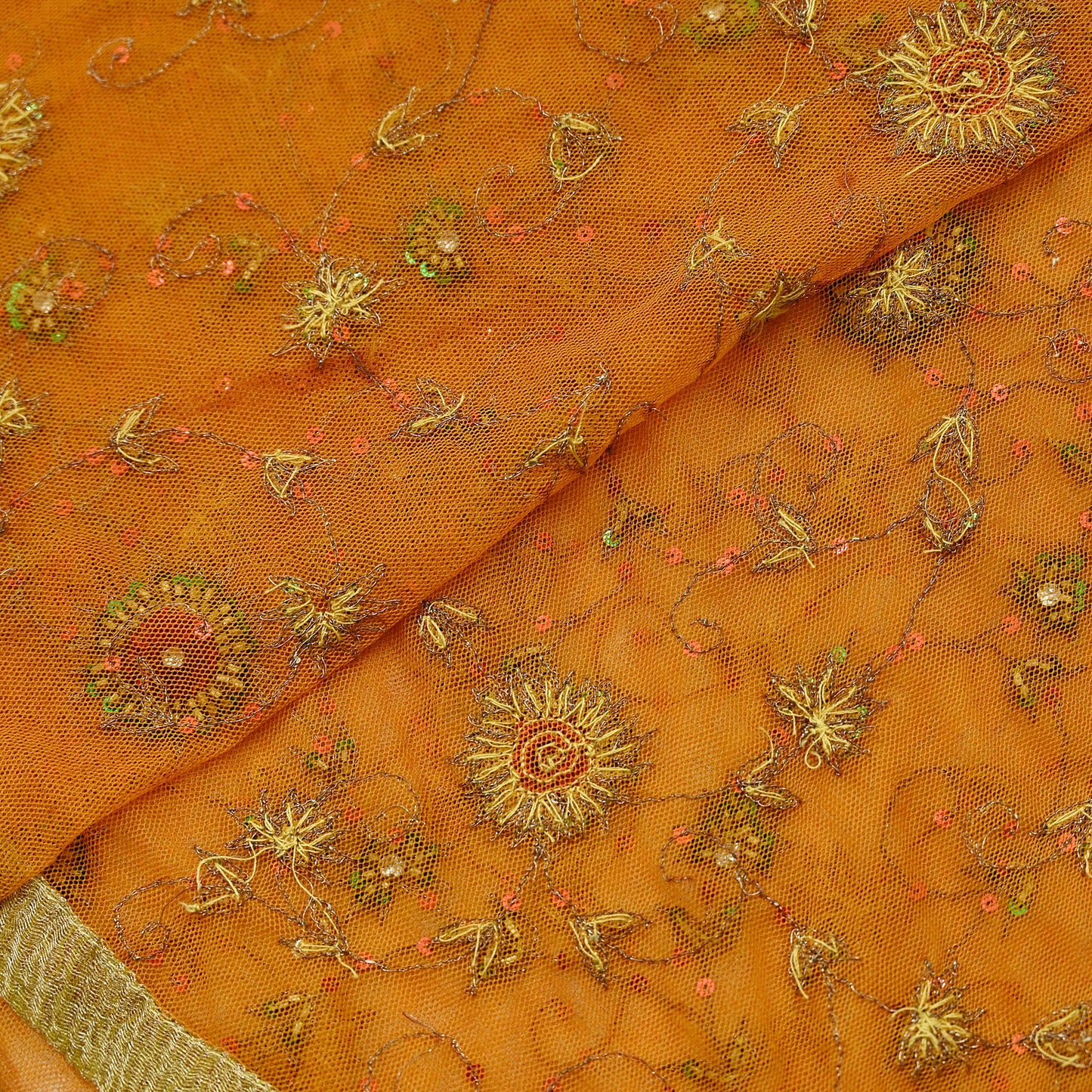 Indian Vintage Heavy Orange Dupatta Net Mesh Long Stole Hand Embroidered Scarves Glass Beaded Golden Sequins Wedding/ Bridal Veil Hijab