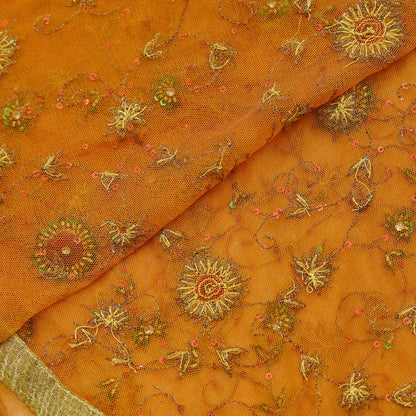 Indian Vintage Heavy Orange Dupatta Net Mesh Long Stole Hand Embroidered Scarves Glass Beaded Golden Sequins Wedding/ Bridal Veil Hijab