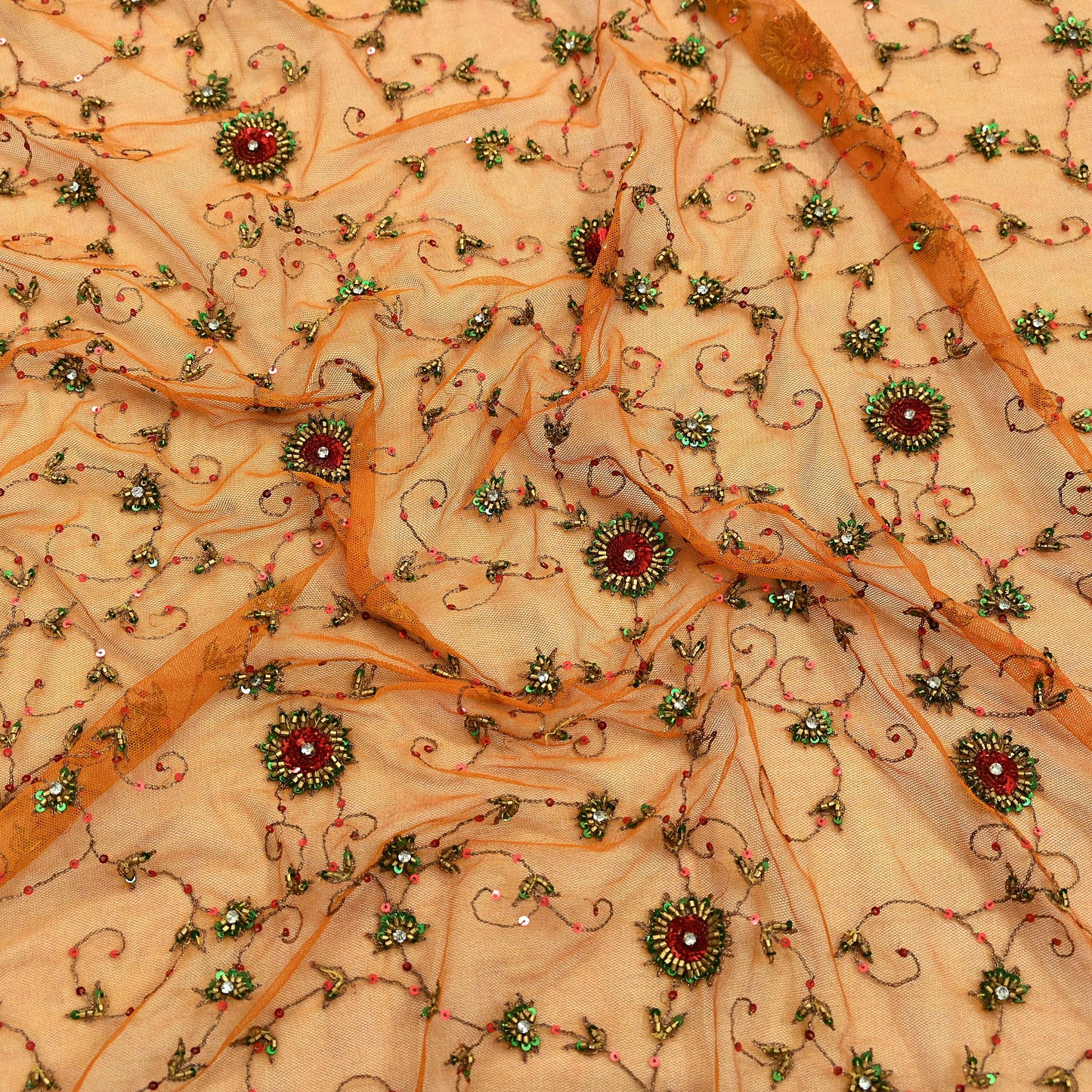 Indian Vintage Heavy Orange Dupatta Net Mesh Long Stole Hand Embroidered Scarves Glass Beaded Golden Sequins Wedding/ Bridal Veil Hijab