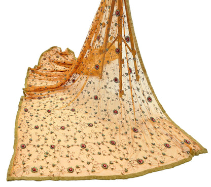 Indian Vintage Heavy Orange Dupatta Net Mesh Long Stole Hand Embroidered Scarves Glass Beaded Golden Sequins Wedding/ Bridal Veil Hijab